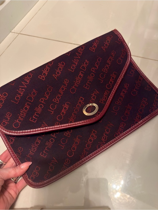 Other Handbags - Designer-Name Pattern Burgundy and Black Envelope Clutch